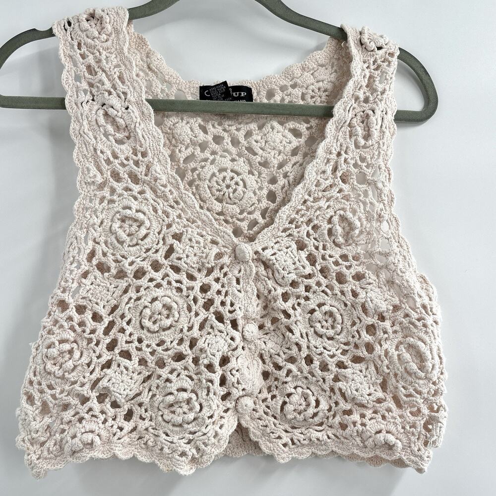 Vintage Crochet Vest S Button Up Cropped Y2K Boho Festival Flower Power